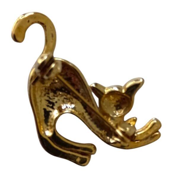 Vintage Stretching Cat Brooch Pin Liquid Gold Tone Red Rhinestone Eyes Sassy - Picture 3 of 14